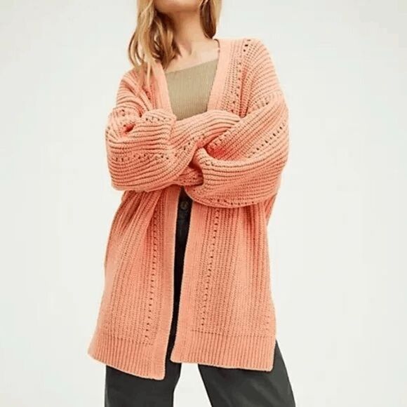 Free People Peach Orange Nightingale Chunky Long Cardigan Sweater Small NWOT - Picture 11 of 11